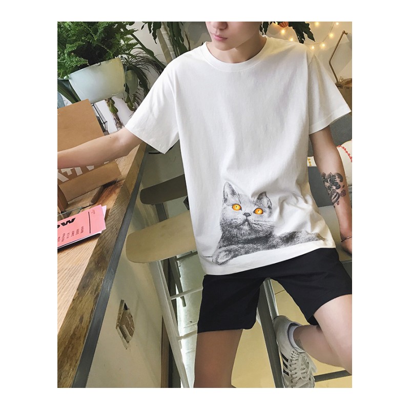 夏装猫图案印花短袖T恤男加肥加大码气质半袖青年韩版时尚上衣服
