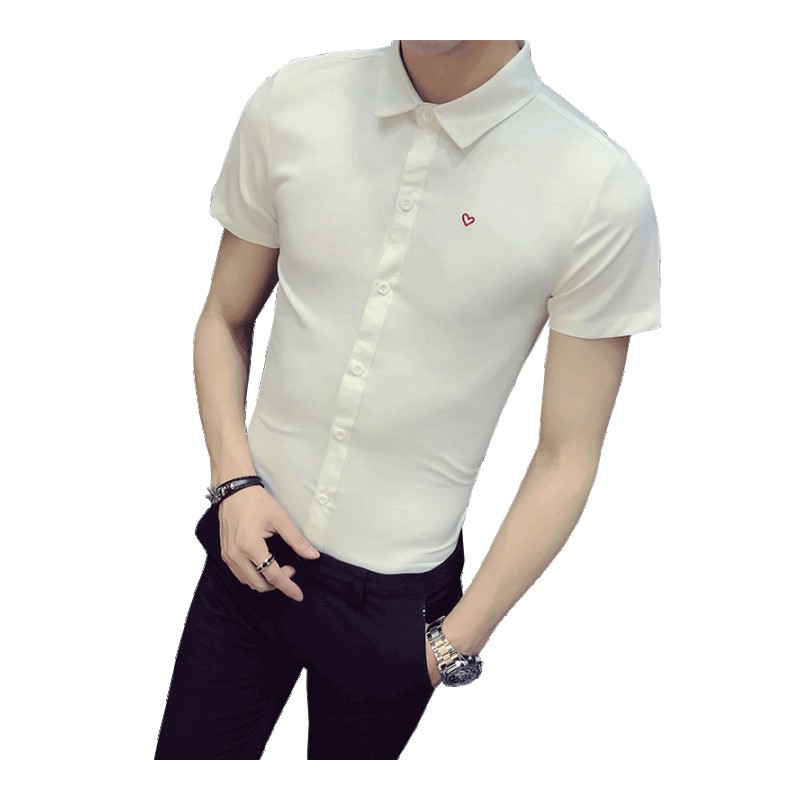 时尚个性心型职业装衬衫男士短袖修身型衬衣半袖寸衣制服白色休闲