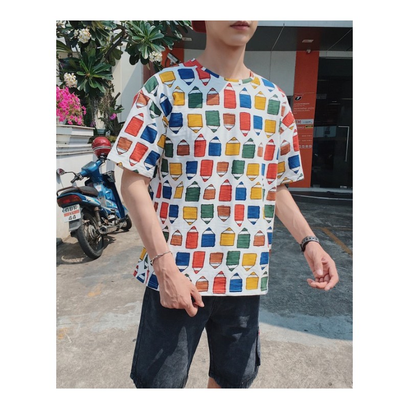 夏款个性涂鸦印花短袖男T恤铅笔图案体恤衫韩版bf青年时尚打底衫