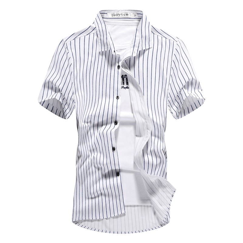 2018年白色竖条纹男士衬衫夏天短袖衬衣韩版修身型休闲寸衣制服