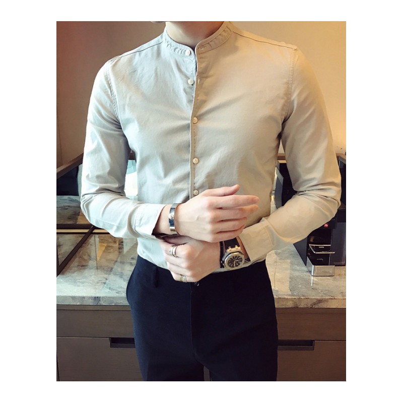 夏款新款英伦绅士修身衬衫男士立领纯色衬衫长袖男商务休闲衬衣潮