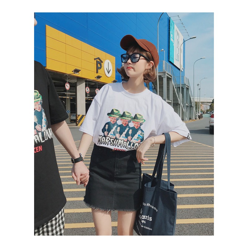qlz情侣装夏装2018新款韩版时尚气质T恤衫女短袖圆领印花tee体恤