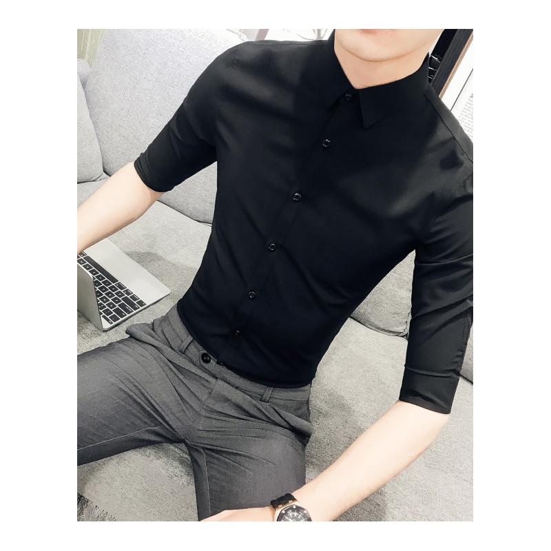 七分袖衬衫男时尚印花中袖衬衣青年夏款新款韩版修身型师短袖潮
