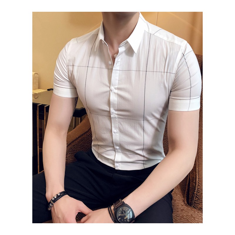 2018新款男士短袖衬衫七分袖修身青年韩版型师气质帅气中袖衬衣