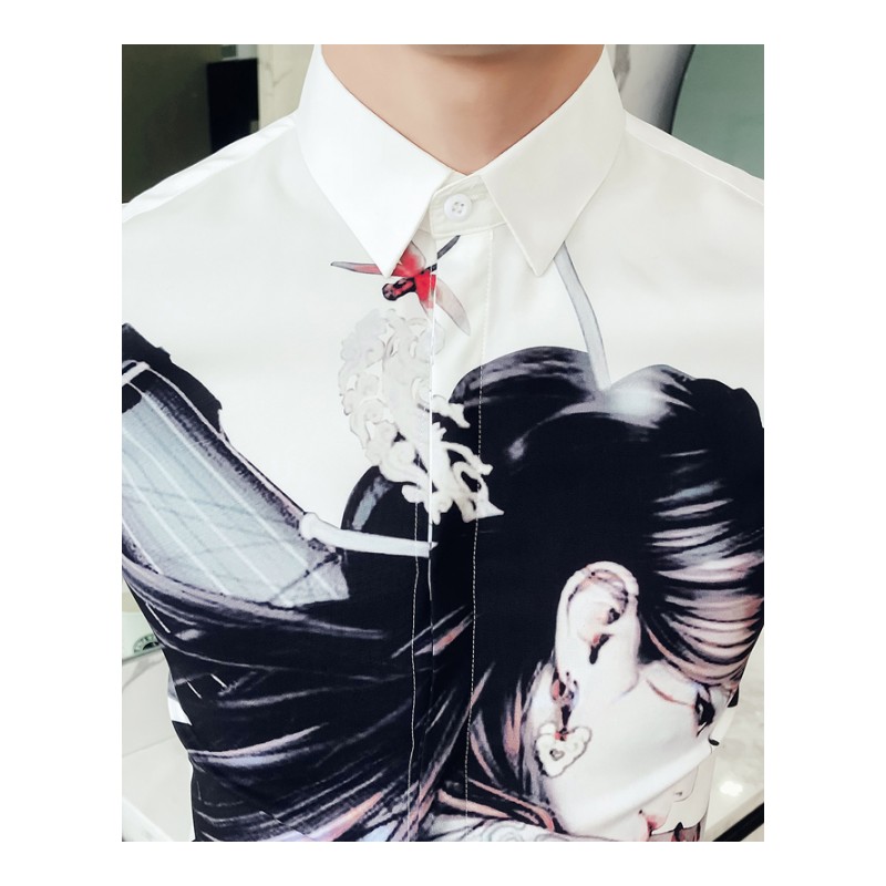 七分袖衬衫印花人物男士个性时尚中袖衬衣型师韩版修身短袖衬衫