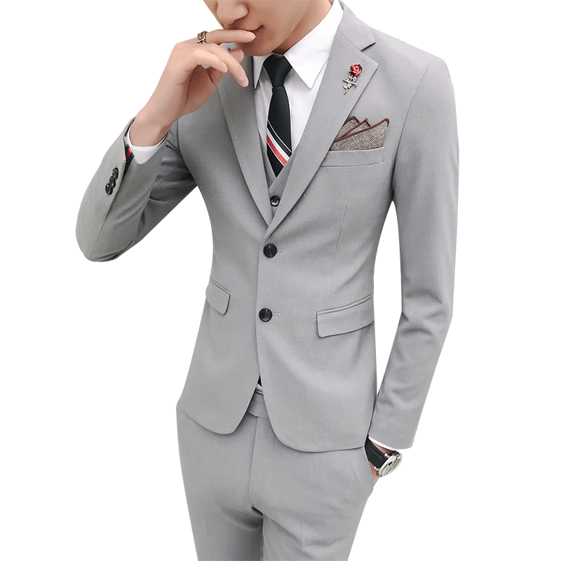 新款韩版纯色修身男士休闲商务西服套装新郎伴郎结婚礼服三件套男