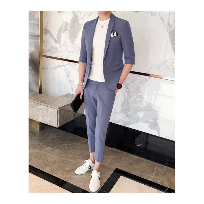 夏款韩版气质中袖西服套装男夜店时尚修身纯色五分袖西装型师潮