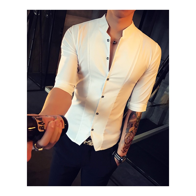 2018夏款时尚立领衬衫男修身纯色七分袖衬衣型师气质中袖衬衣男