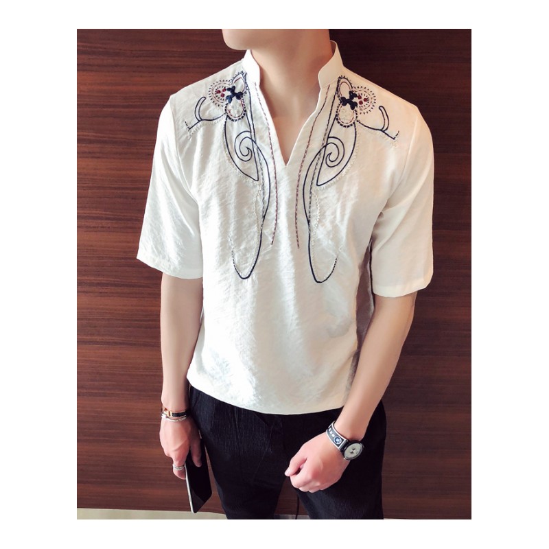 夏装新款韩版宽松薄款五分袖衬衣休闲男士套头V领中袖衬衫青年潮
