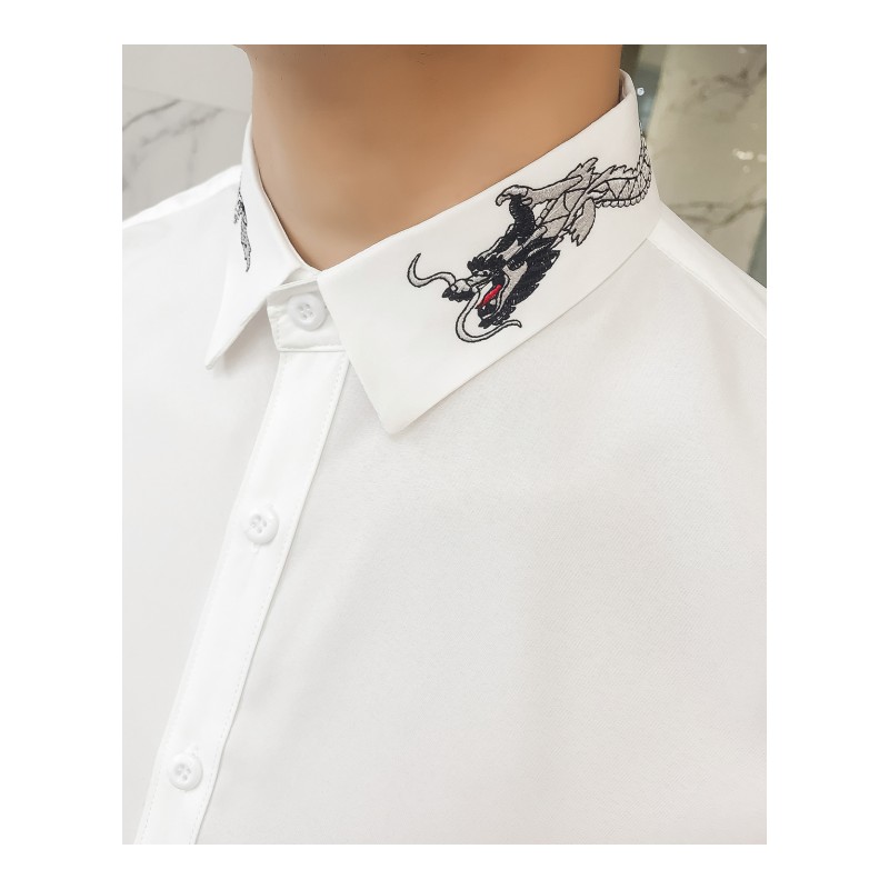 2018夏款新款男装中国风龙纹刺绣中袖衬衫青年夜店型师型男寸衫
