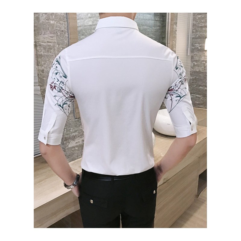 2018夏款新款男装时尚气质印花五分袖衬衫青年韩版修身免烫衬衣男