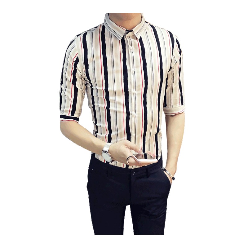 18新款男士条纹修身七分袖衬衫气质个性韩版中袖时尚青年斯文短袖