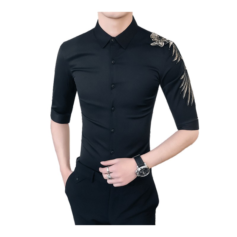 2018夏款韩版型师个性贴布图案衬衫男气质修身衬衫青年半袖装潮