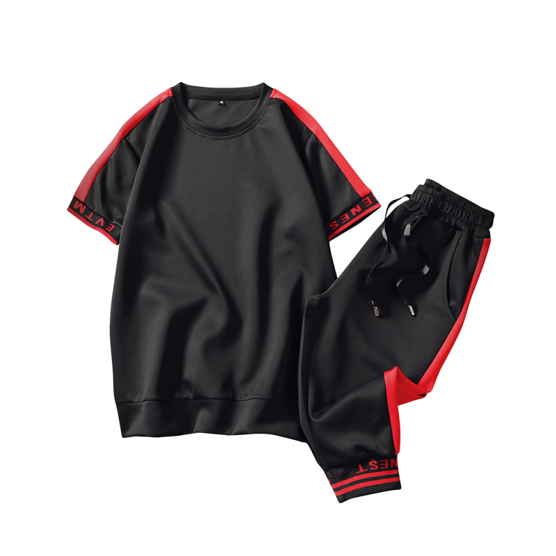夏款男士短袖两件套韩版拼色休闲运动套装2018年轻男女运动班服潮