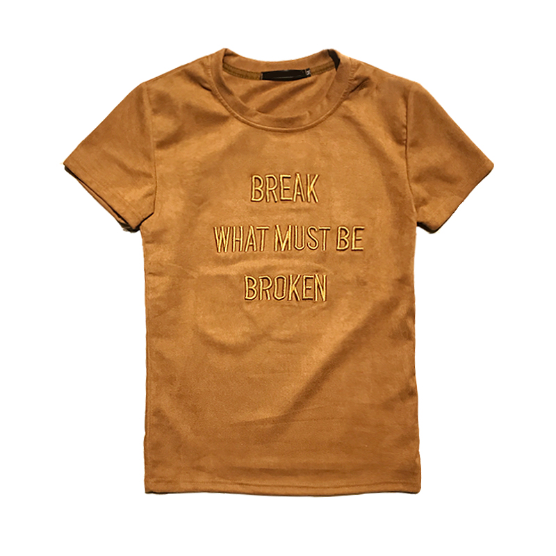 2018夏装年轻男士圆领短袖修身T恤男鹿皮绒刺绣英文焦糖色紧身T恤
