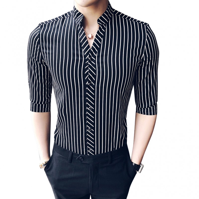2018夏款年轻男士衬衫短袖条纹青年韩版修身商务休闲中袖免烫衬衣
