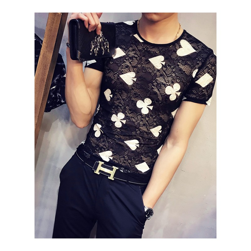 夏款青年男韩版修身薄款网纱透气透明镂空印花帅气个性短袖T恤潮