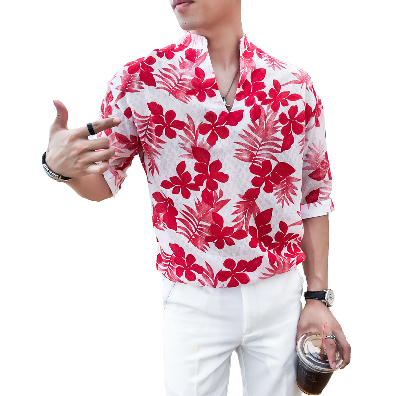 夏季 个性社会人韩版寸衣男 青年花衬衫帅气潮男短袖印花帅气衫衣