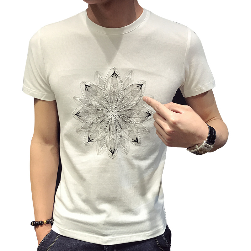 2018夏季年轻3D印花短袖T恤圆领男士修身韩版百搭刺绣短袖男士潮