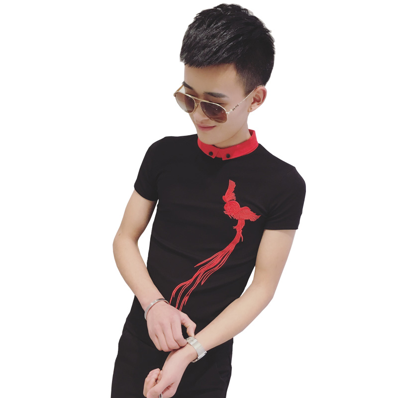 2018夏季年轻青少年刺绣红凤凰立领男修身T恤男拼接设计潮POLO衫