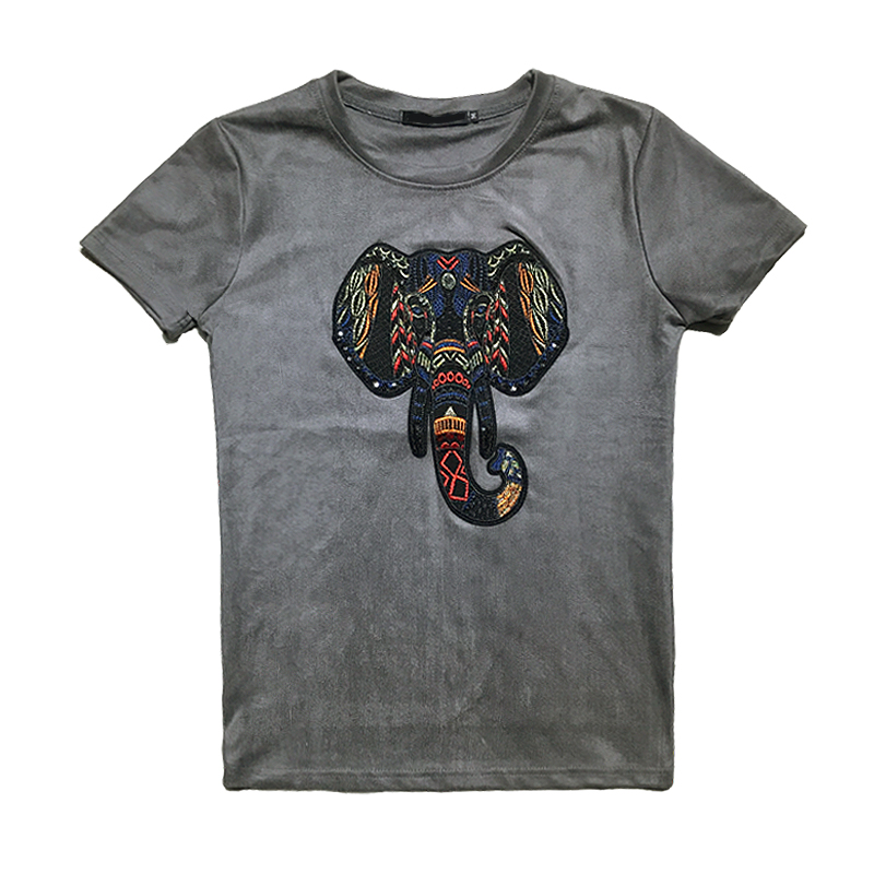 麂皮绒刺绣大象2018夏装圆领短袖修身T恤青少年紧身半袖男式体恤