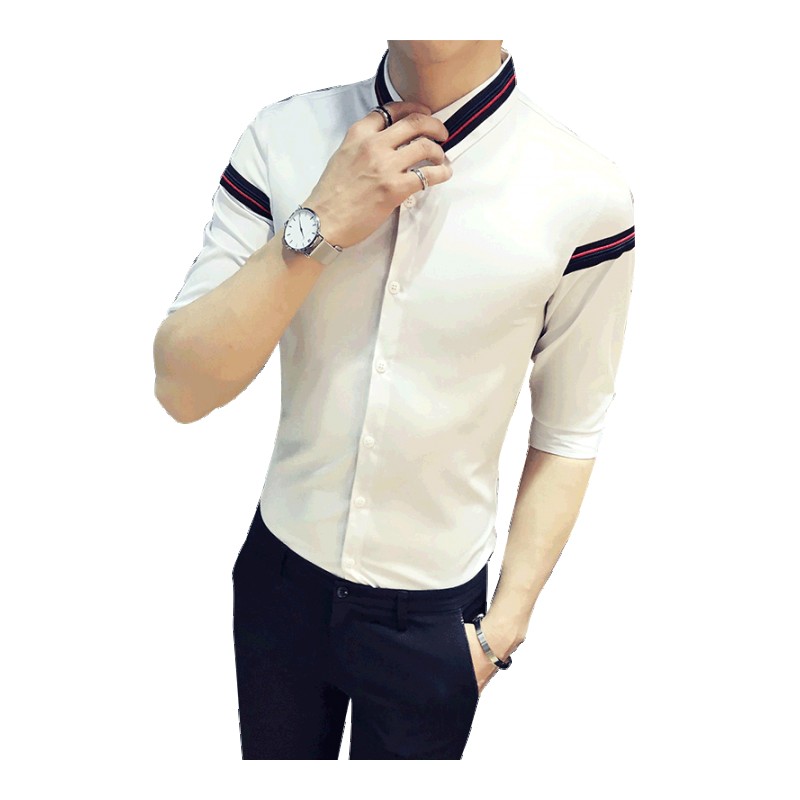 夏季韩版休闲短袖衬衫男士修身刺绣衬衣餐厅KTV酒吧员半袖衫