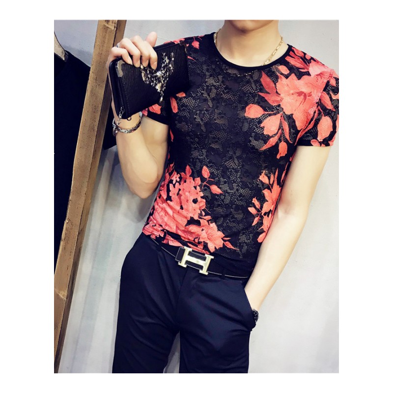 2018夏季型师个性镂空短袖T恤男韩版修身弹力透气半袖印花小衫