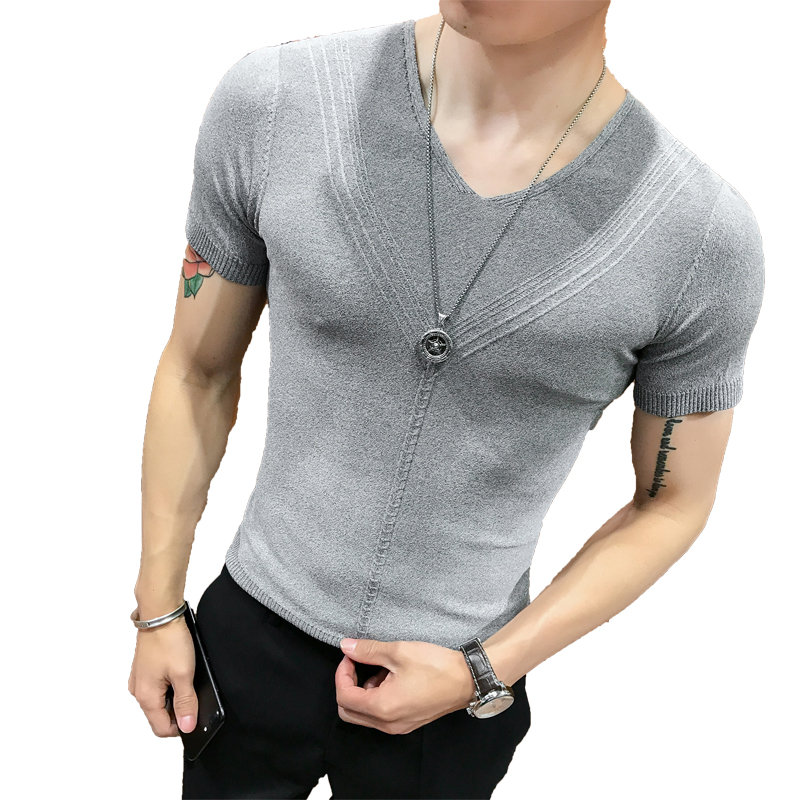夏季男装韩版男士修身纯色V领短袖T恤型男青年针织弹力T恤打底衫