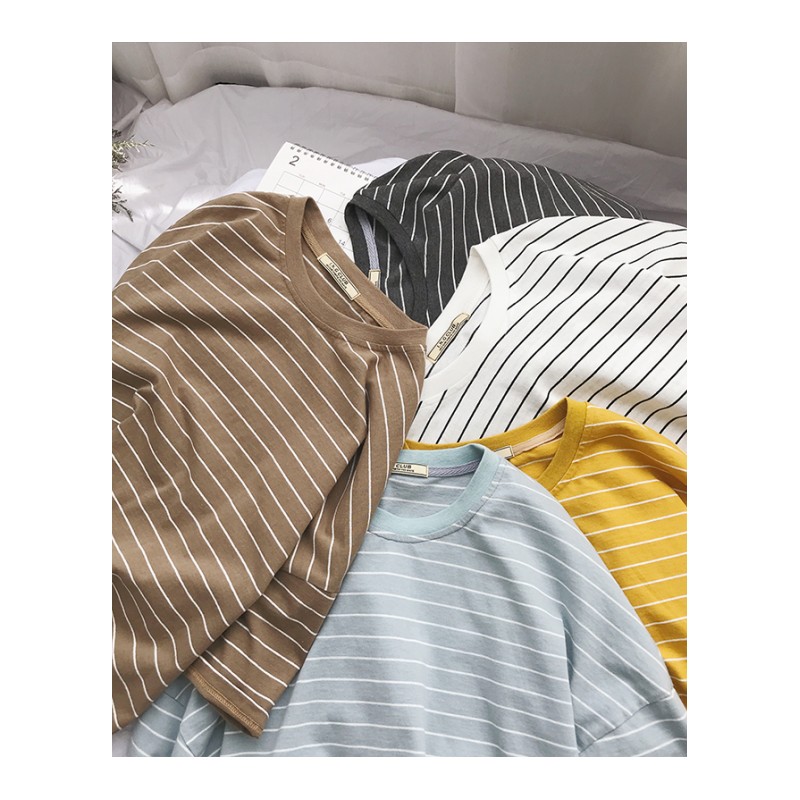 夏季男士短袖T恤韩版潮牌条纹半袖夏装圆领衣服宽松男装2018帅气
