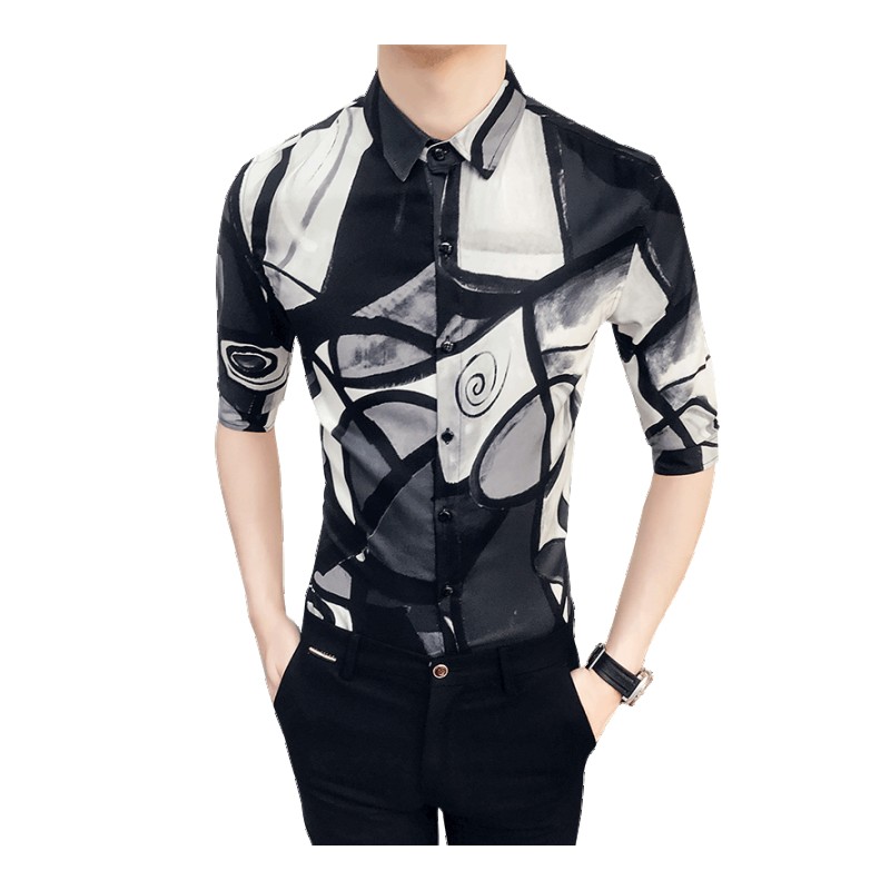 2018春夏型男硬汉修身韩版半袖衬衫五分袖中袖衬衣男型师衬衣潮