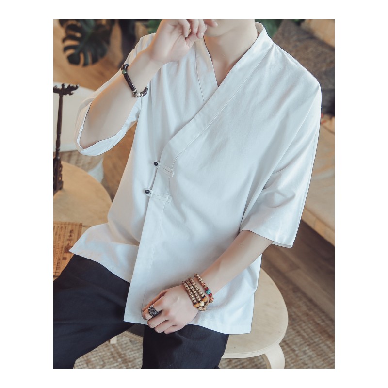 中国风男装中式改良汉服民族古风亚麻棉麻七分袖衬衫夏季中袖衬衣