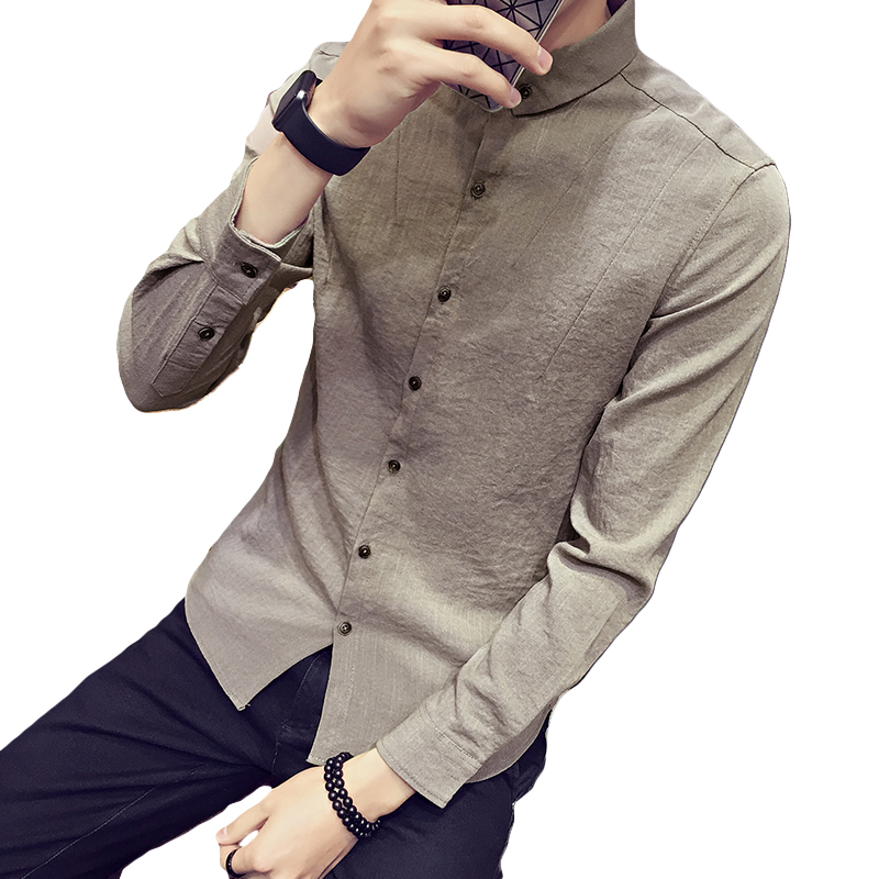 衬衫男长袖2018春夏年轻韩版青年修身青年纯色棉麻上衣服男士衬衣
