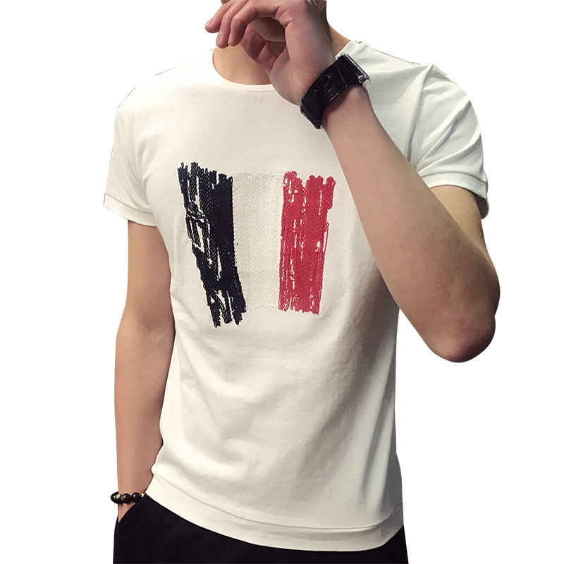 短袖T恤男修身夏季白色男士圆领2018年轻青年学生短袖男韩版刺绣
