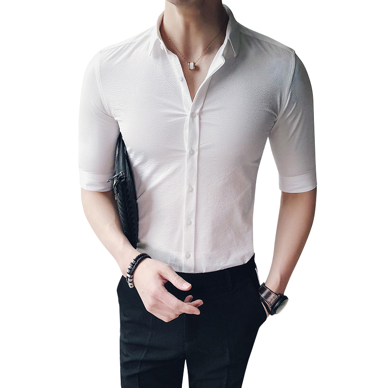 夏季短袖衬衫男韩版半袖修身薄款寸衫青年帅气个性休闲七分袖衬衣