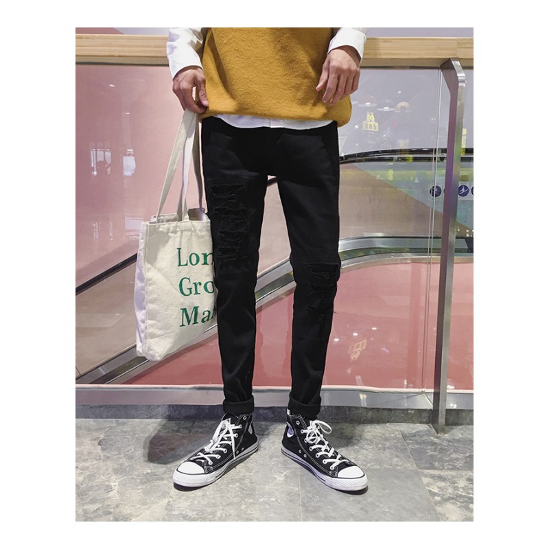 2018春夏年轻韩版修身黑色刮烂小脚牛仔裤帅气修身青年学生男长裤