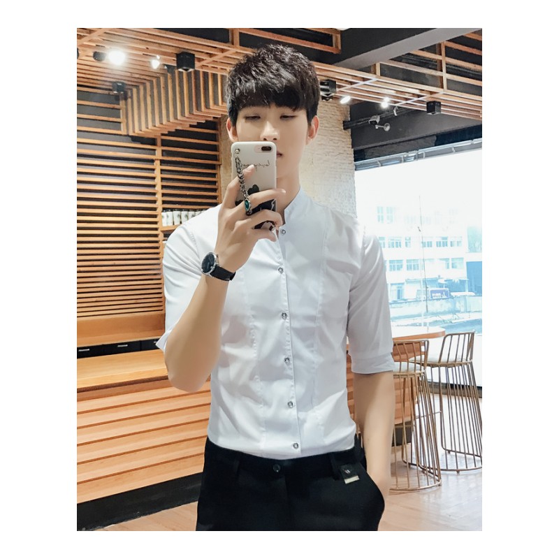 2018夏季年轻男衬衫休闲男士中袖衬衫立领纯色七分袖衬衣韩版修身