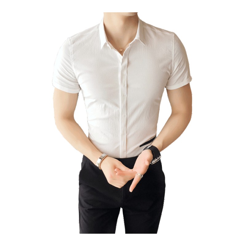 夏季短袖衬衫男韩版修身青年休闲帅气白衬衣男士商务免烫职业衬衣