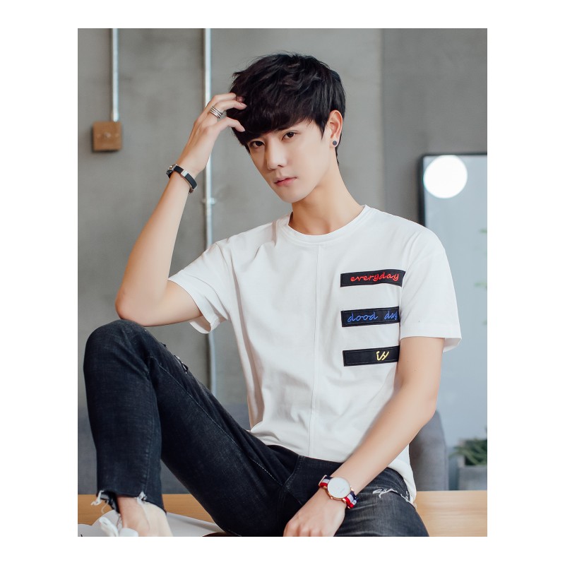 年轻字母不对称拼接学生短袖T恤 2018夏季青年韩版帅气体恤潮上衣