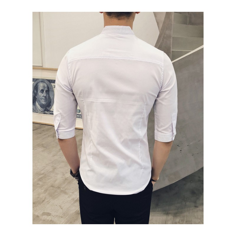 衬衫男短袖2018夏季年轻韩版帅气修身立领五分袖衬衫青年帅气寸衫