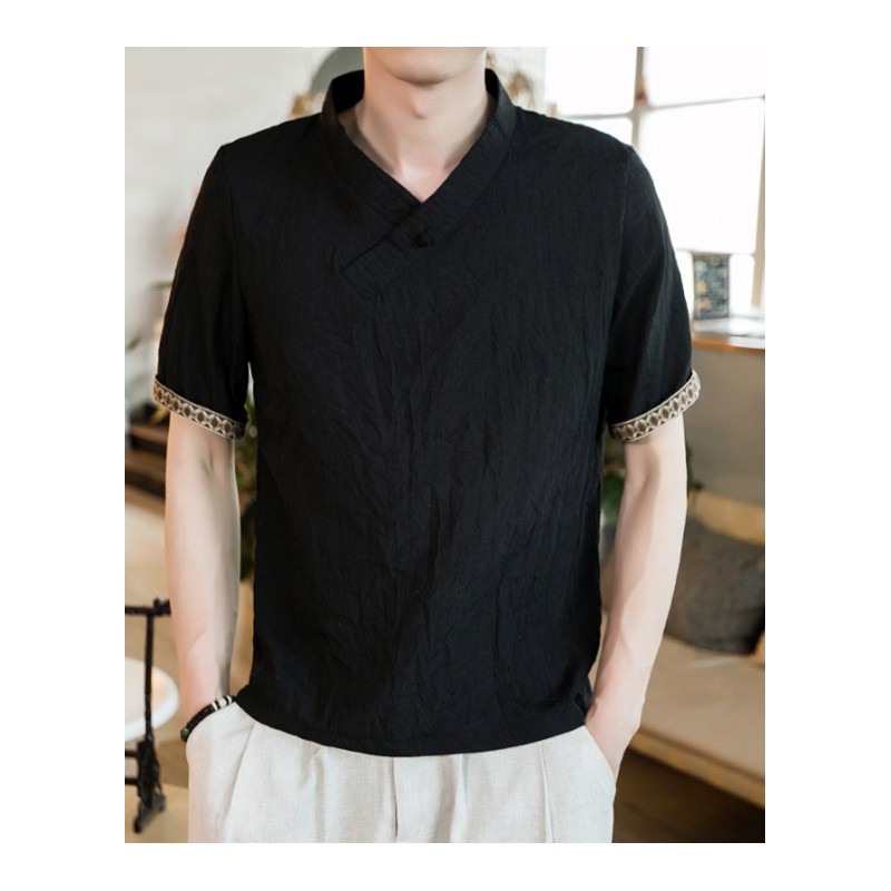 夏季中国风男装轻薄款 亚麻料T恤中式复古民族风大码短袖