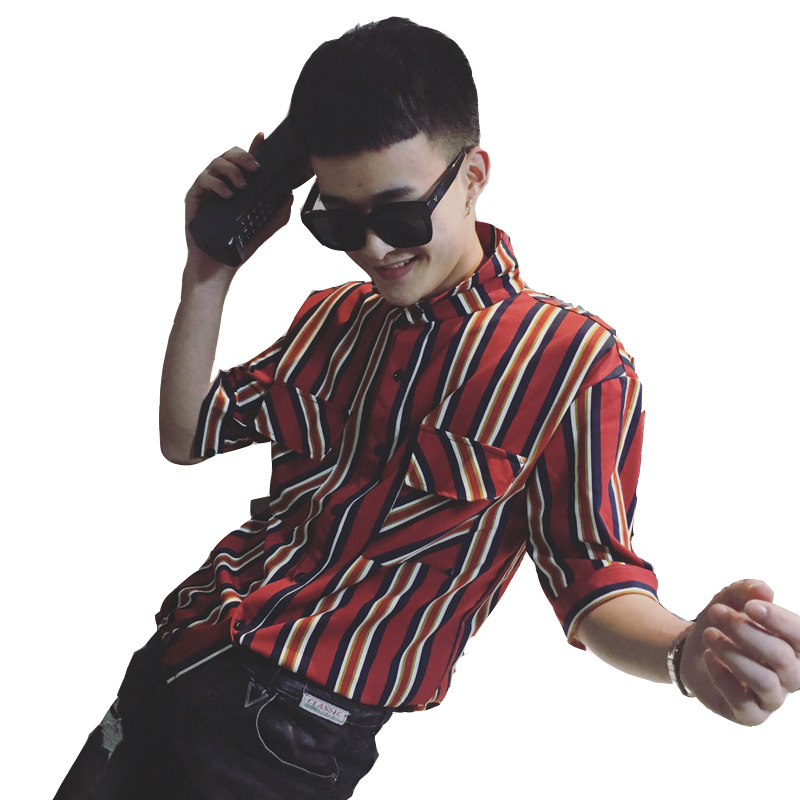 条纹衬衫男短袖百搭夏季2018年轻韩版青年宽松五分袖休闲潮男衬衣