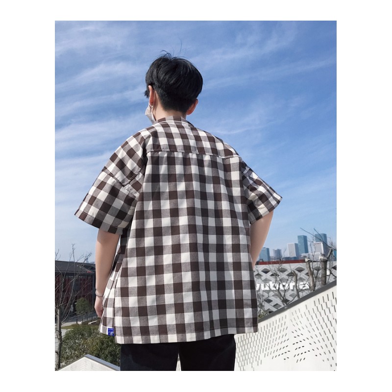 18夏季年轻男士韩版半袖衬衣帅气青少年修身休闲格子短袖衬衫外套
