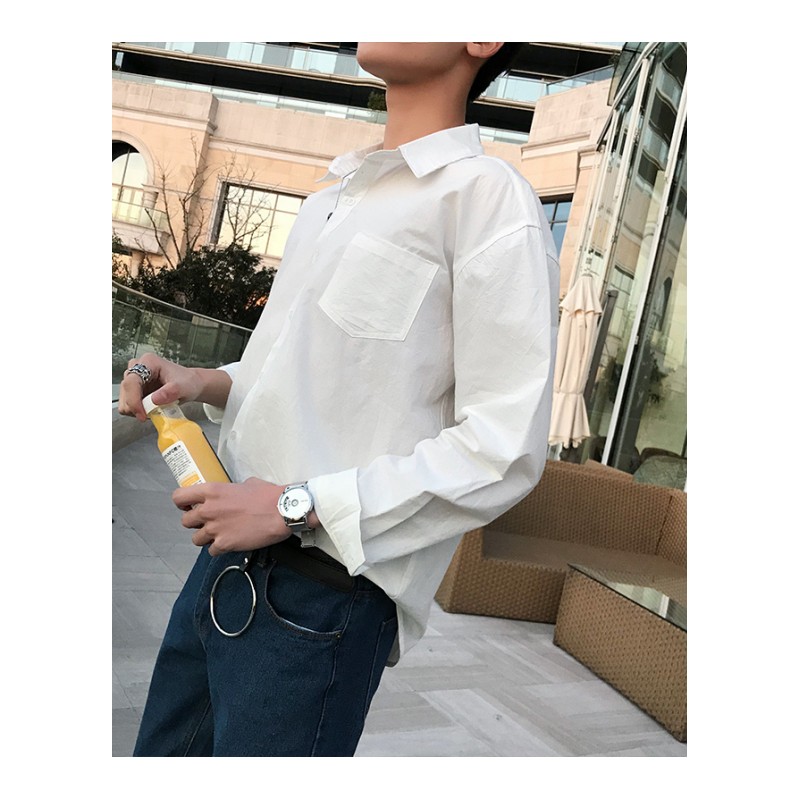 2018春夏白色长袖衬衫创意卡通鱼印花薄外套青年学生黑色男式衬衣