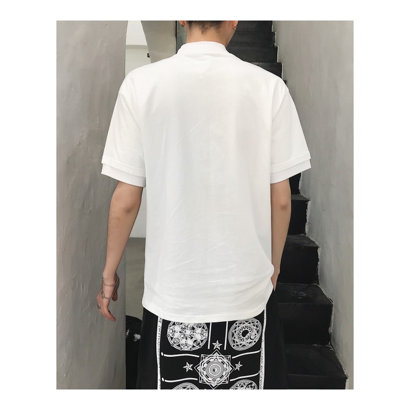 韩国帅气立领短袖T恤潮男夏季个性金属链刺绣设计半袖体恤型师