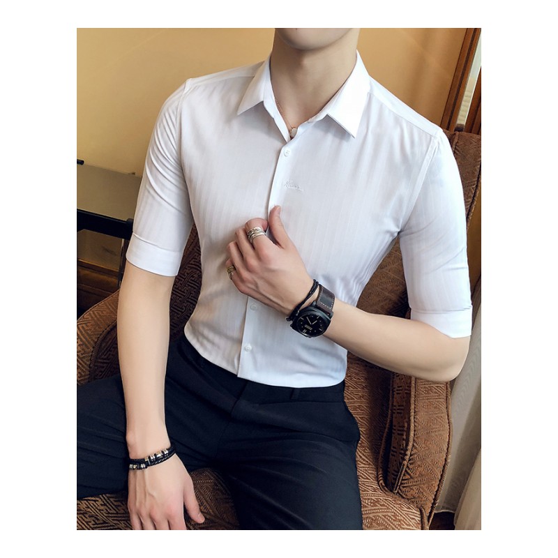 2018年轻夏季衬衫男短袖修身英伦帅气青年五分袖衬衣韩版商务条纹