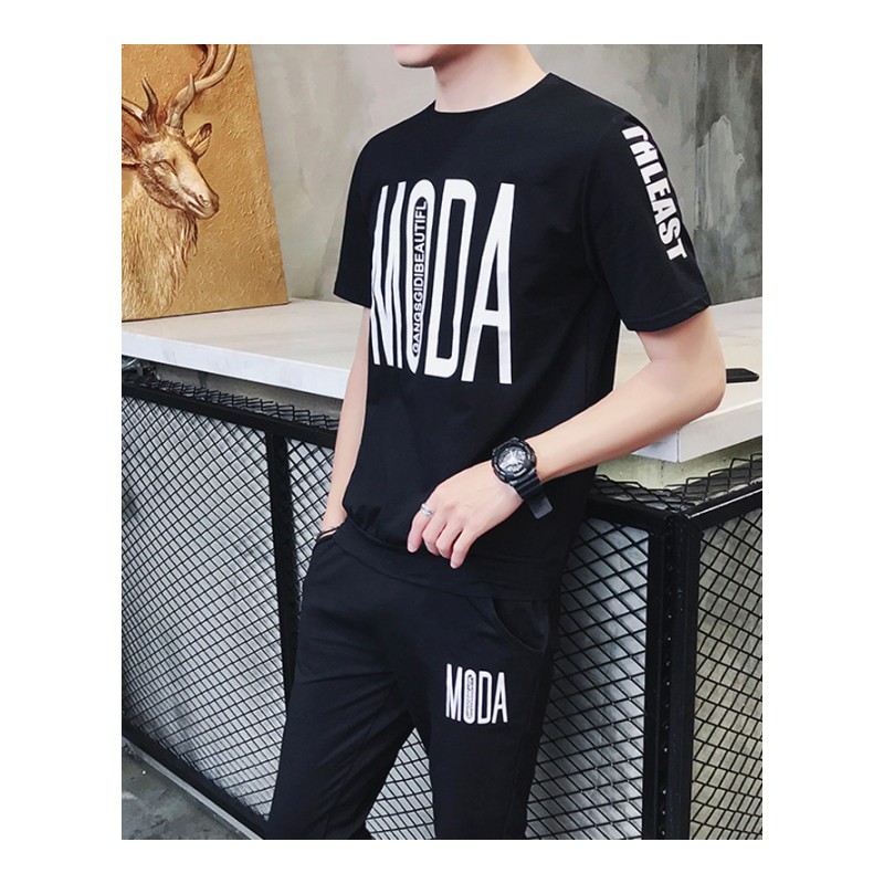 2018夏季男士短袖印花T恤男韩版休闲运动套装青年薄款帅气两件套