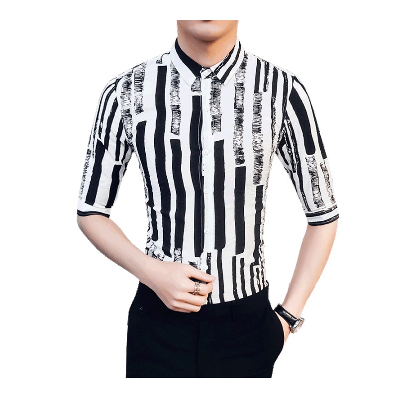 2018夏季帅气七分袖衬衫型师韩版短袖衬衣男士个性条纹中袖衬衫
