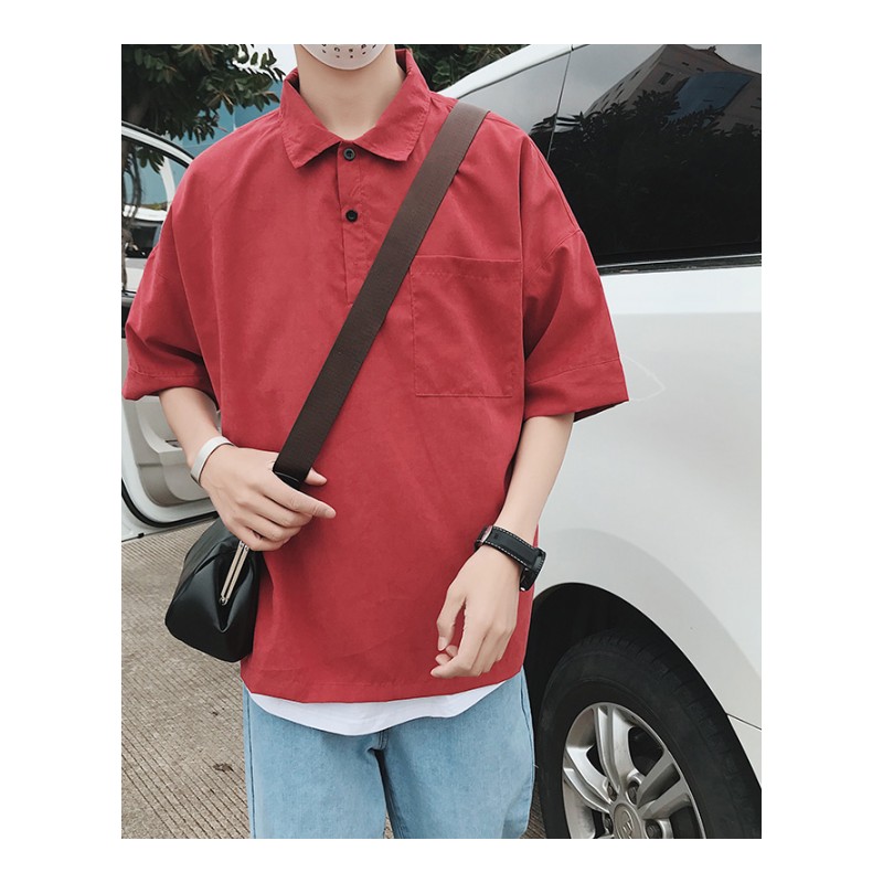 2018夏装年轻桃皮绒Polo T恤男士短袖保罗领体恤红色男装后背印花