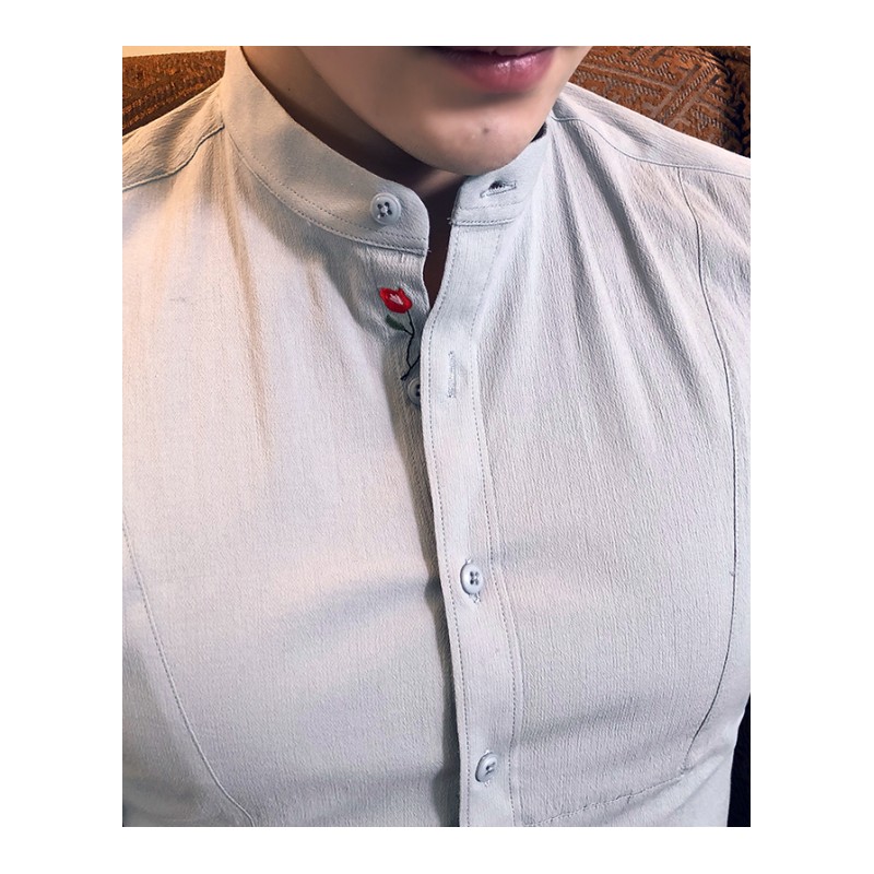 2018夏装男士短袖立领衬衫男英伦个性韩版修身型师夜店中袖衬衣