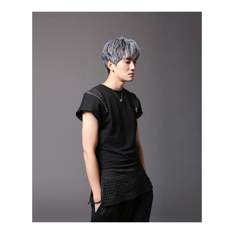 年轻夏季休闲短袖T恤韩版拼接款假两件修身T恤青少年型师男青年